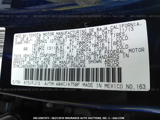 3TMLU4ENXEM139070 - 2014 TOYOTA TACOMA DOUBLE CAB 蓝色 照片 9