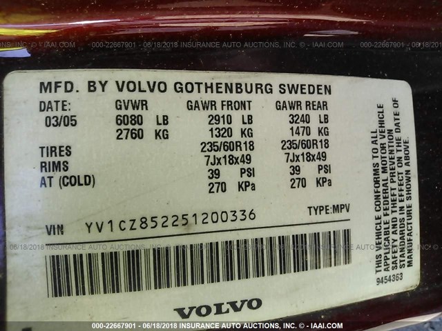 YV1CZ852251200336 - 2005 VOLVO XC90 V8 BURGUNDY photo 9