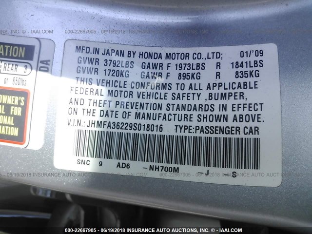 JHMFA36229S018016 - 2009 HONDA CIVIC HYBRID SILVER photo 9