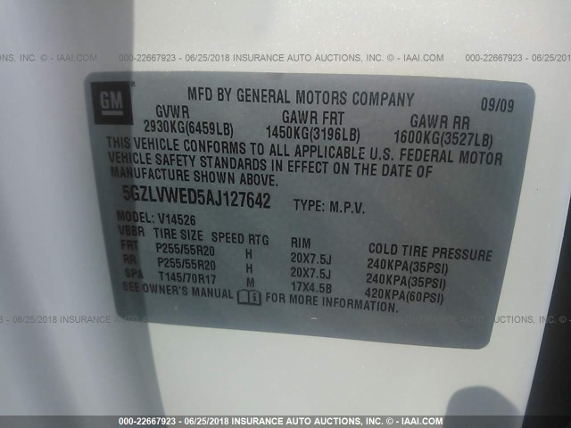 5GZLVWED5AJ127642 - 2010 SATURN OUTLOOK XR თეთრი ფოტო 9