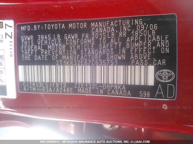 2T1KR32E67C635751 - 2007 TOYOTA COROLLA MATRIX XR RED photo 9