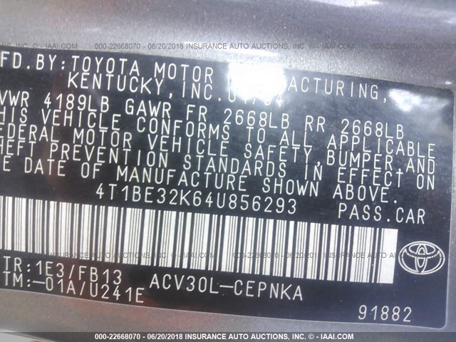 4T1BE32K64U856293 - 2004 TOYOTA CAMRY LE/XLE/SE 灰色 照片 9