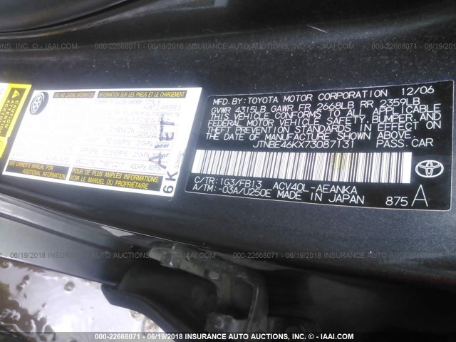 JTNBE46KX73087131 - 2007 TOYOTA CAMRY NEW GENERAT CE/LE/XLE/SE GRAY photo 9