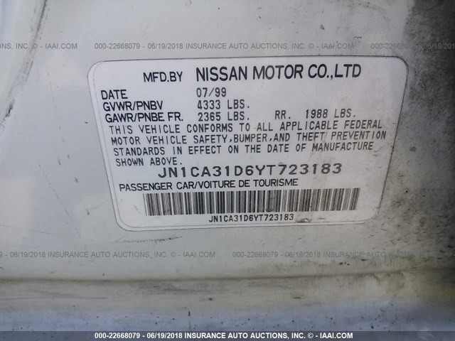 JN1CA31D6YT723183 - 2000 NISSAN MAXIMA GLE/GXE/SE WHITE photo 9