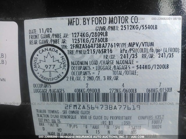 2FMZA56473BA77619 - 2003 FORD WINDSTAR SEL BLACK photo 9