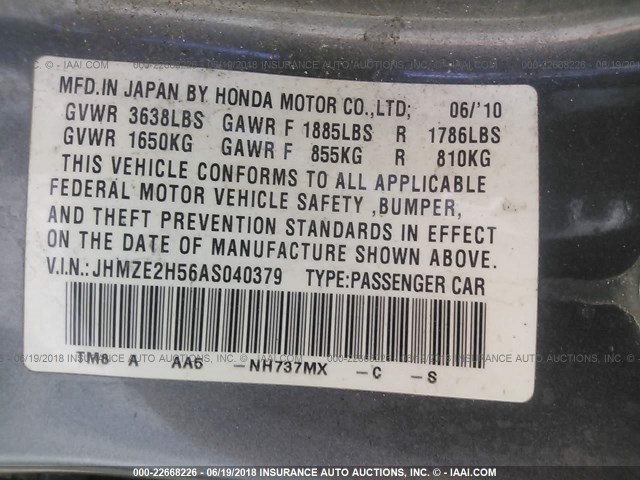 JHMZE2H56AS040379 - 2010 HONDA INSIGHT LX GRAY photo 9