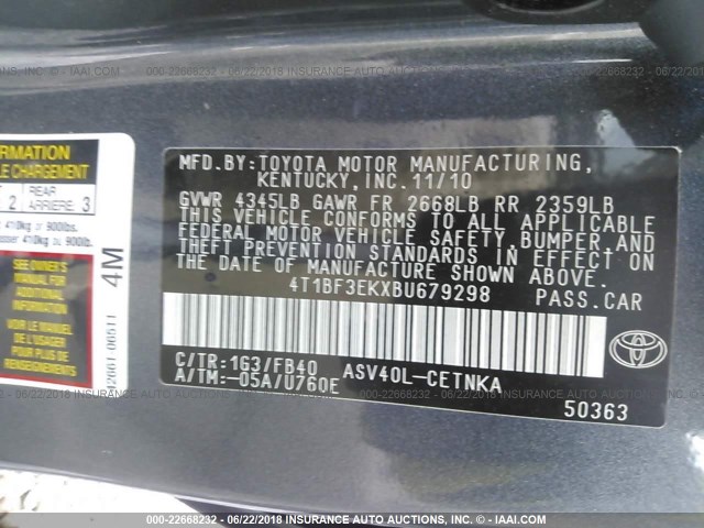 4T1BF3EKXBU679298 - 2011 TOYOTA CAMRY SE/LE/XLE GRAY photo 9