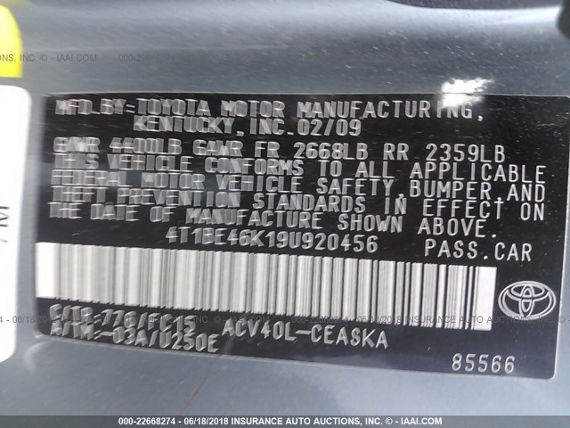 4T1BE46K19U920456 - 2009 TOYOTA CAMRY SE/LE/XLE GREEN photo 9