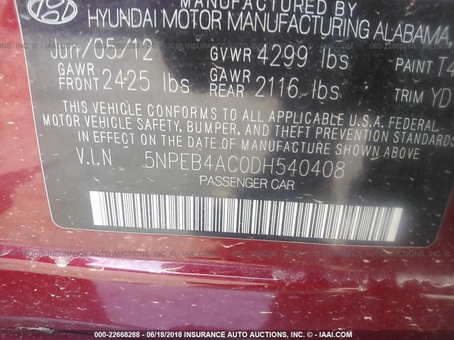 5NPEB4AC0DH540408 - 2013 HYUNDAI SONATA GLS RED photo 9