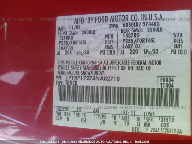 1FTRF17273NA82710 - 2003 FORD F150 RED photo 9
