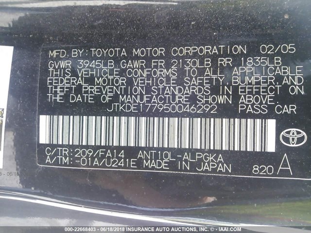 JTKDE177950046292 - 2005 TOYOTA SCION TC BLACK photo 9