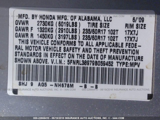 5FNRL38979B059452 - 2009 HONDA ODYSSEY TOURING SILVER photo 9