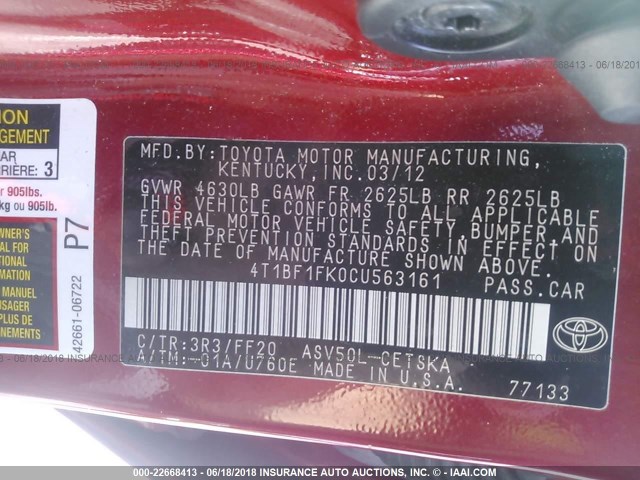 4T1BF1FK0CU563161 - 2012 TOYOTA CAMRY SE/LE/XLE 红色 照片 9