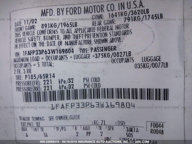 1FAFP33P63W169804 - 2003 FORD FOCUS LX WHITE photo 9