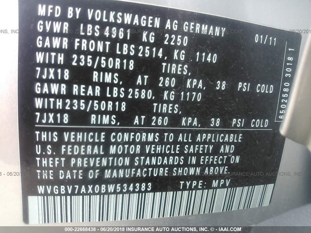 WVGBV7AX0BW534383 - 2011 VOLKSWAGEN TIGUAN S/SE/SEL SILVER photo 9