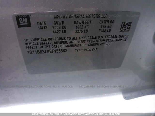 1G11B5SL9EF155582 - 2014 CHEVROLET MALIBU LS SILVER photo 9