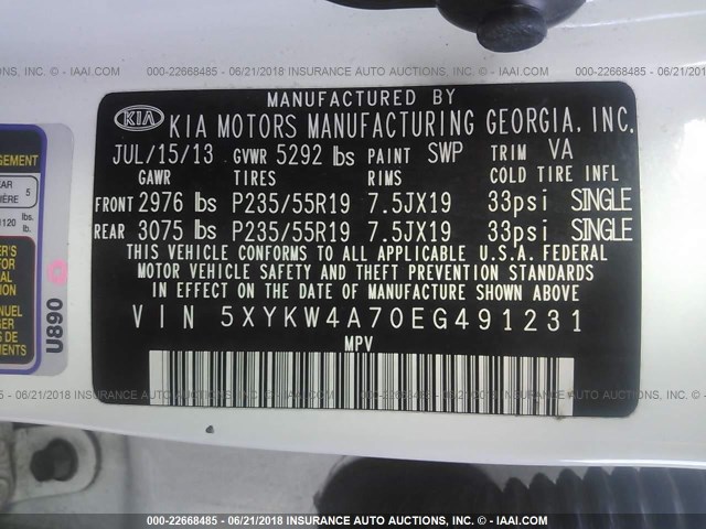 5XYKW4A70EG491231 - 2014 KIA SORENTO SX/SX LIMITED WHITE photo 9