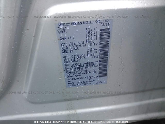 5N1AR2MM9EC725729 - 2014 NISSAN PATHFINDER S/SV/SL/PLATINUM SILVER photo 9