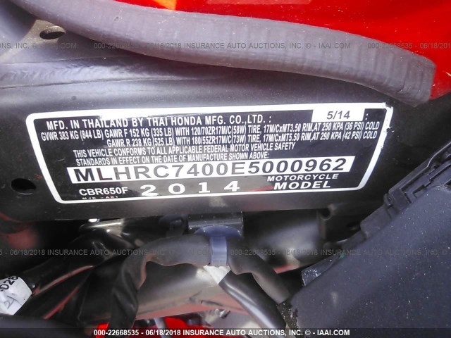 MLHRC7400E5000962 - 2014 HONDA CBR650 F RED photo 10