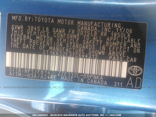 2T1KR32E37C644312 - 2007 TOYOTA COROLLA MATRIX XR BLUE photo 9