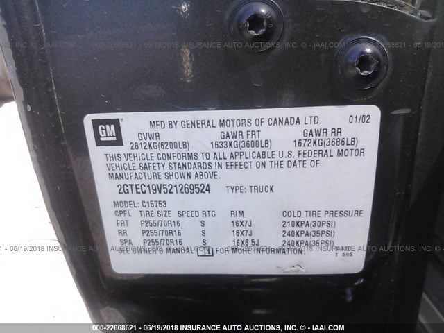 2GTEC19V521269524 - 2002 GMC NEW SIERRA C1500 GRAY photo 9