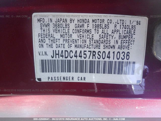 JH4DC4457RS041036 - 1994 ACURA INTEGRA LS RED photo 9