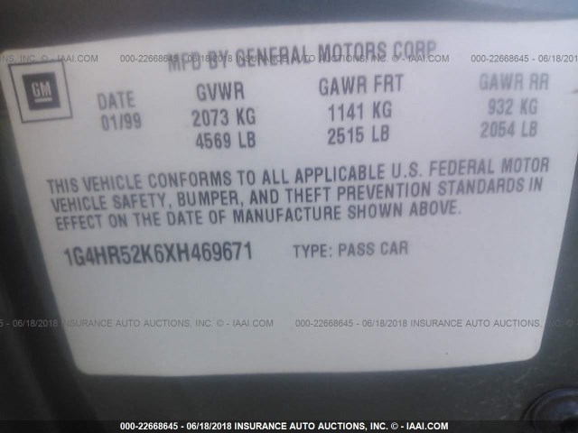 1G4HR52K6XH469671 - 1999 BUICK LESABRE LIMITED GRAY photo 9