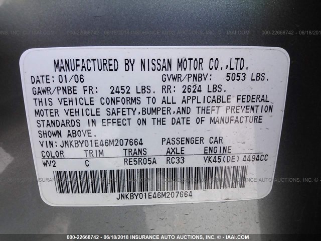 JNKBY01E46M207664 - 2006 INFINITI M45 SPORT SILVER photo 9