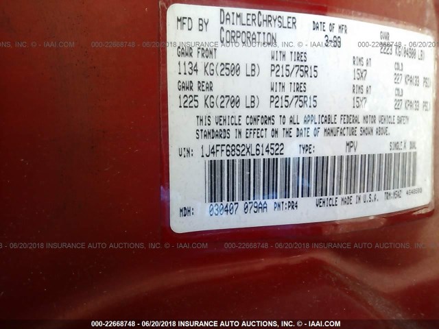 1J4FF68S2XL614522 - 1999 JEEP CHEROKEE SPORT/CLASSIC Czerwony zdjęcie 9