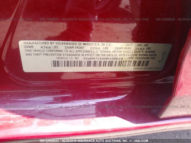 3VWRM71K88M168818 - 2008 VOLKSWAGEN JETTA SE/SEL RED photo 9