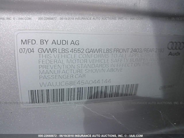 WAUJC68E45A044144 - 2005 AUDI A4 1.8T/1.8T SPECIAL SILVER photo 9