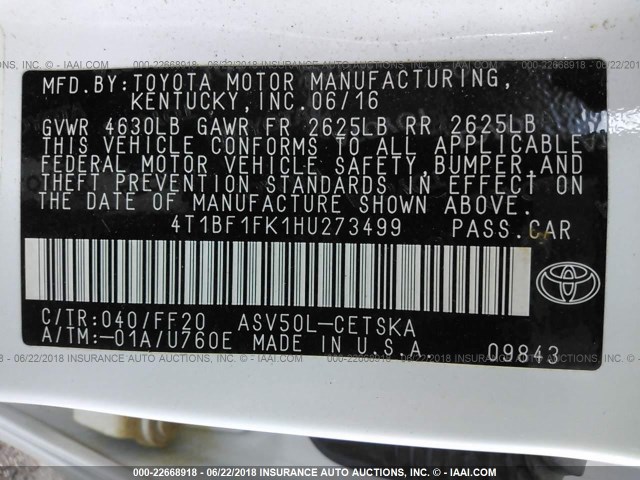 4T1BF1FK1HU273499 - 2017 TOYOTA CAMRY LE/XLE/SE/XSE 白色 照片 9