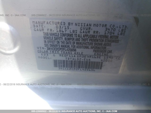 3N1CE2CP2FL425656 - 2015 NISSAN VERSA NOTE S/S PLUS/SV/SL/SR SILVER photo 9