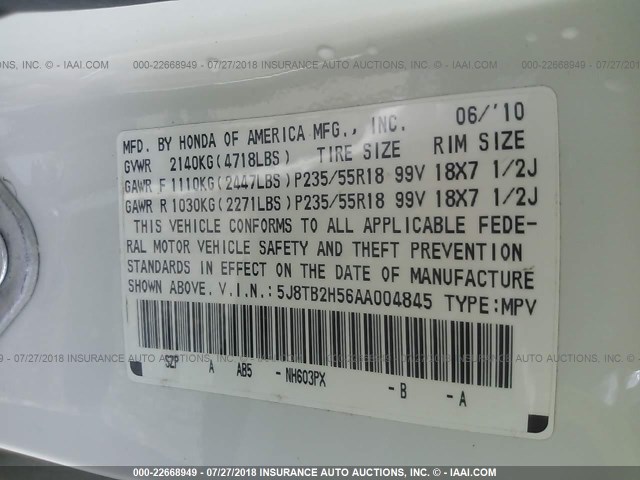 5J8TB2H56AA004845 - 2010 ACURA RDX TECHNOLOGY WHITE photo 9