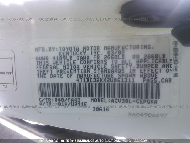 4T1BE32KX2U061311 - 2002 TOYOTA CAMRY LE/XLE/SE 白色 照片 9