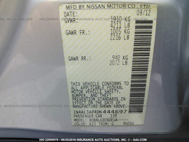 1N4AL3AP4DN444697 - 2013 NISSAN ALTIMA 2.5/S/SV/SL SILVER photo 9