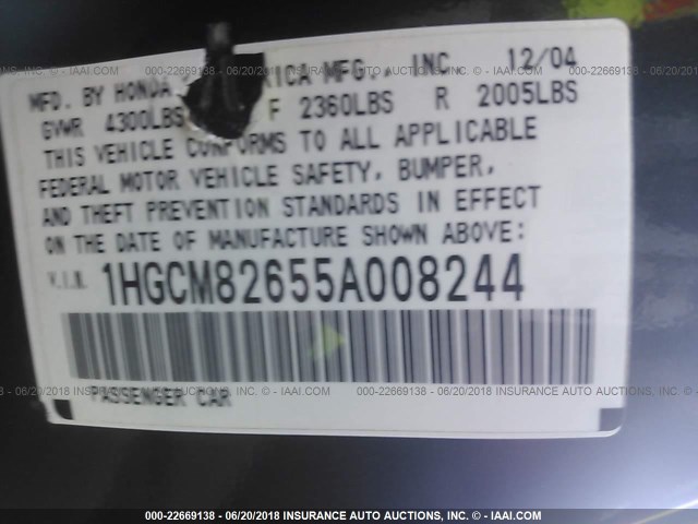 1HGCM82655A008244 - 2005 HONDA ACCORD EX GRAY photo 9