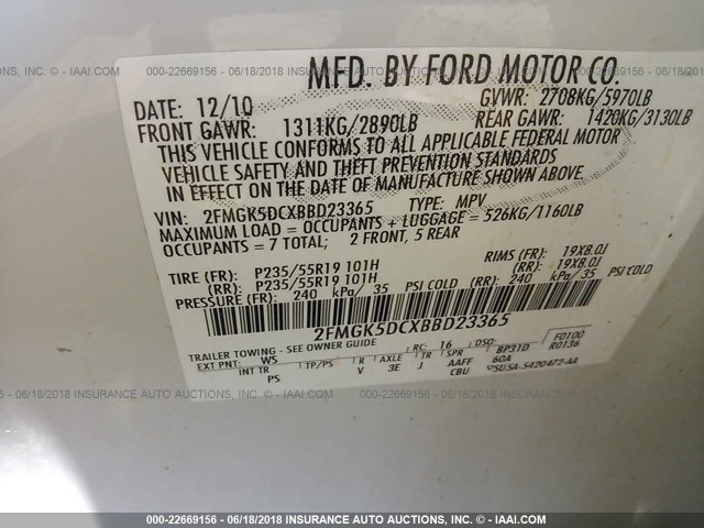 2FMGK5DCXBBD23365 - 2011 FORD FLEX LIMITED WHITE photo 9