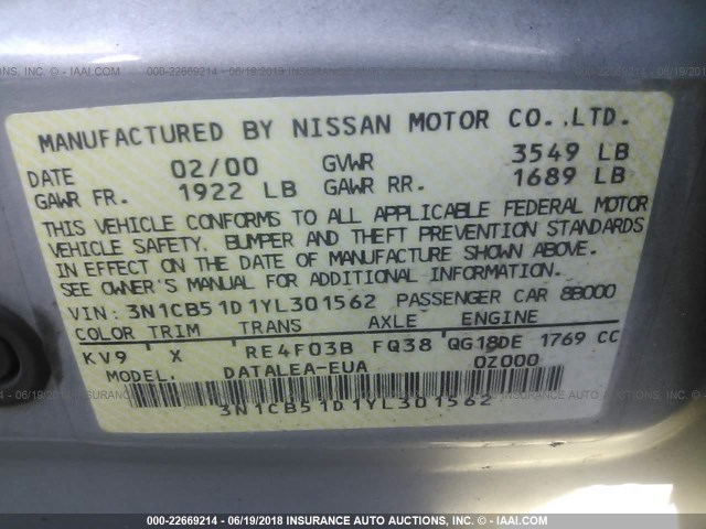 3N1CB51D1YL301562 - 2000 NISSAN SENTRA XE/GXE SILVER photo 9