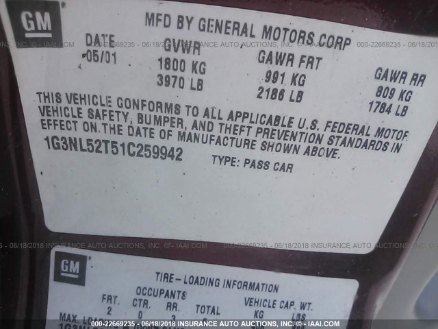 1G3NL52T51C259942 - 2001 OLDSMOBILE ALERO GL MAROON photo 9