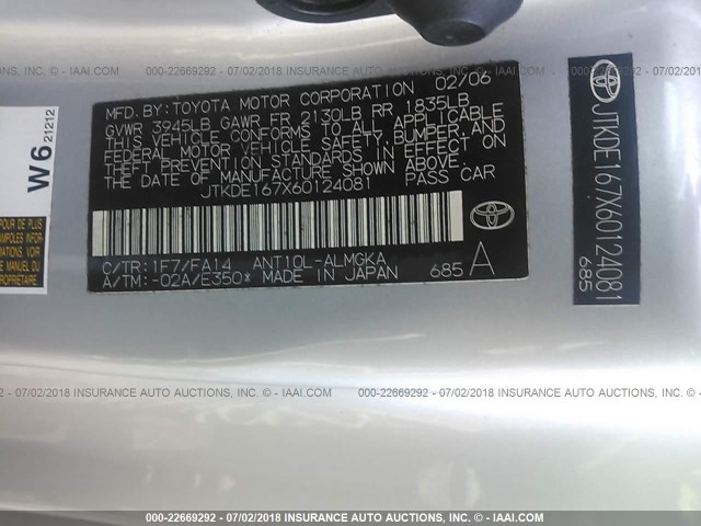 JTKDE167X60124081 - 2006 TOYOTA SCION TC 银色 照片 9