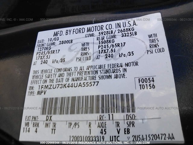 1FMZU73K44UA55577 - 2004 FORD EXPLORER XLT/XLT SPORT/NBX 蓝色 照片 9