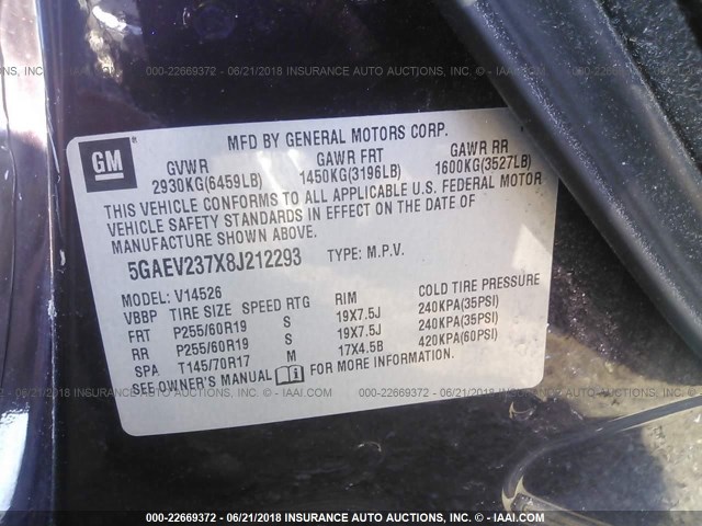 5GAEV237X8J212293 - 2008 BUICK ENCLAVE CXL Bənövşəyi foto 9