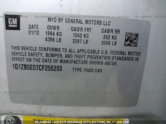 1G1ZB5E07CF256203 - 2012 CHEVROLET MALIBU LS SILVER photo 9