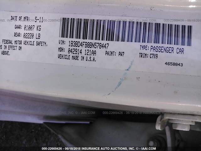 1B3BD4FB8BN578447 - 2011 DODGE AVENGER EXPRESS 白色 照片 9