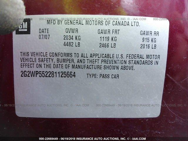 2G2WP552281125664 - 2008 PONTIAC GRAND PRIX RED photo 9