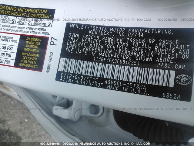 4T1BF1FK3EU846351 - 2014 TOYOTA CAMRY L/SE/LE/XLE SILVER photo 9