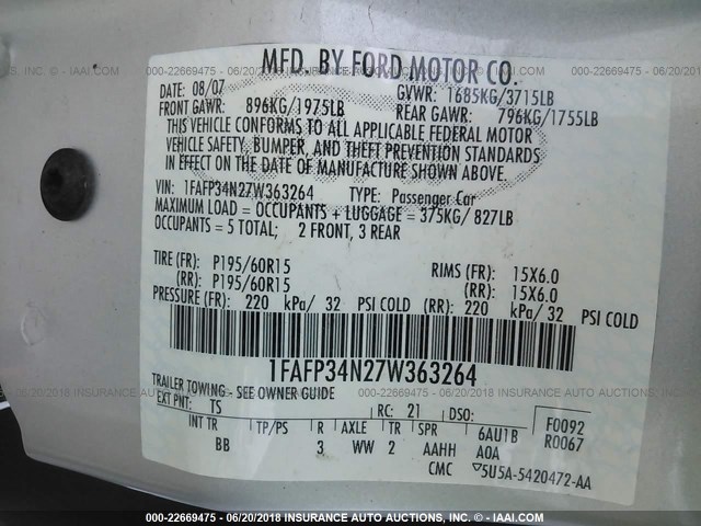 1FAFP34N27W363264 - 2007 FORD FOCUS ZX4/S/SE/SES 银色 照片 9