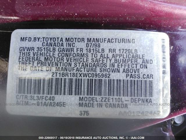 2T1BR18EXWC095962 - 1998 TOYOTA COROLLA VE/CE/LE 栗色 照片 9