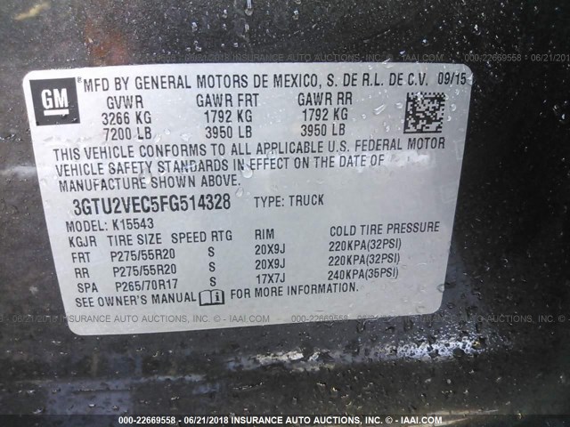 3GTU2VEC5FG514328 - 2015 GMC SIERRA K1500 SLT ყავისფერი ფოტო 9